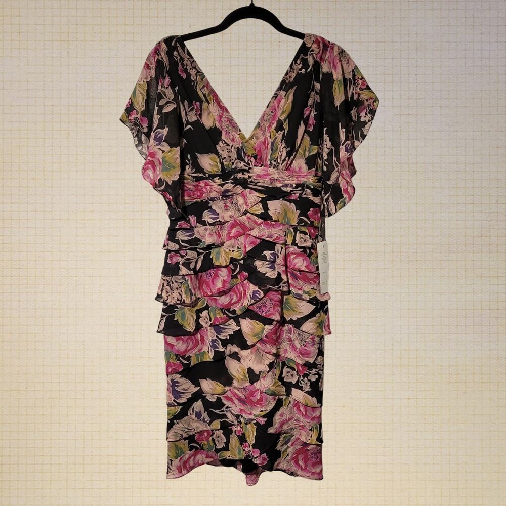 Modern Romantic Adrianna Papell Floral Ruffle Deep V Neck Midi Dress Sz 4